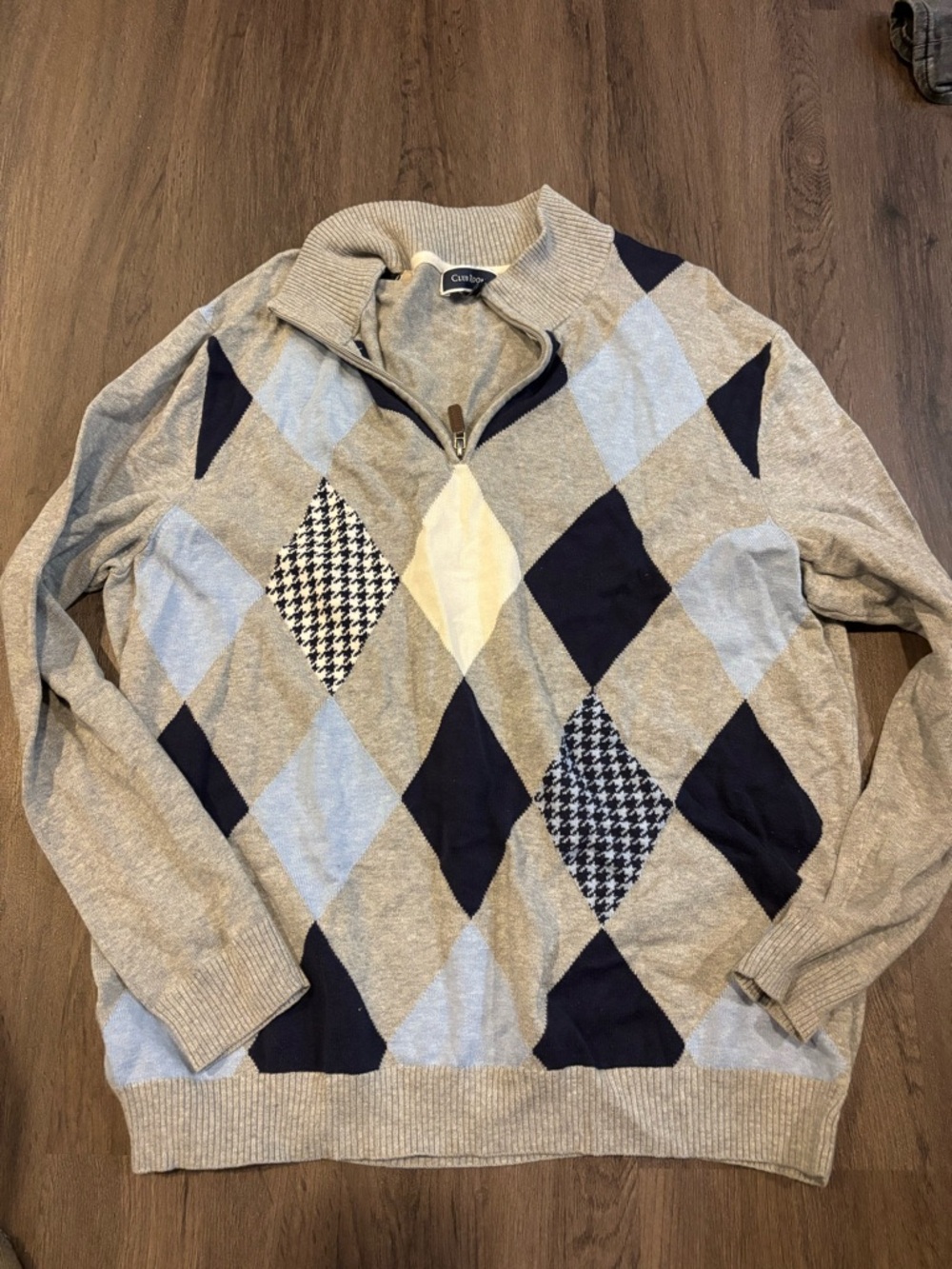 Club Room Men’s Gray Navy Light Blue Argyle Zip-Up Sweater
